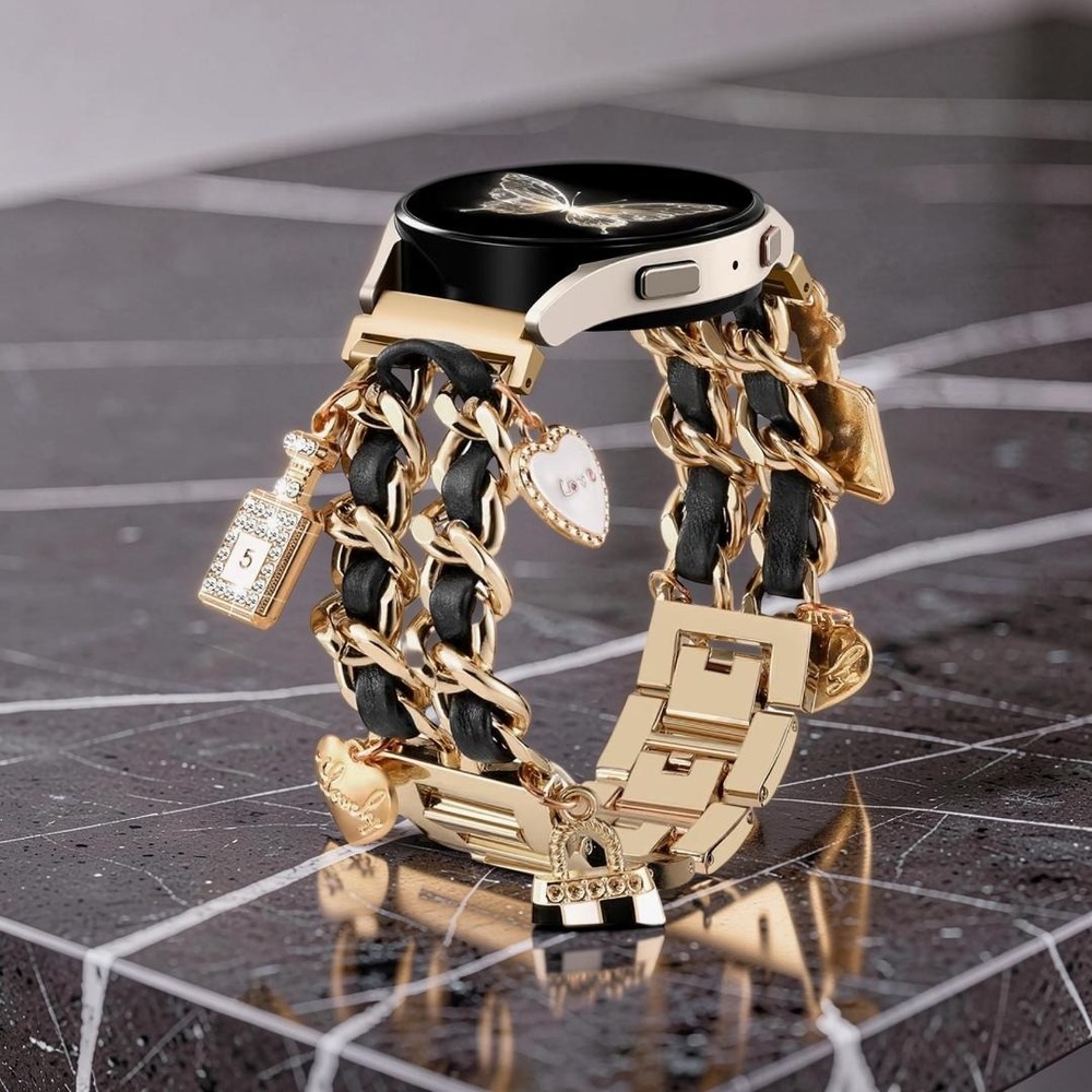 Gold Charm Bracelet Watch Band for Smartwatch Double Chain Leather Strap 20mm